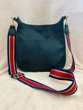 Ahdorned Classic Messenger Navy Blue Faux Leather Woven Strap Crossbody Bag